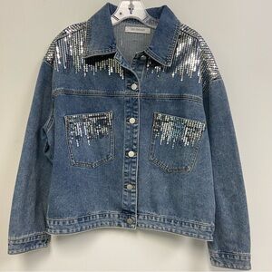 Blue Denim Jacket with Silver Sequin Accent